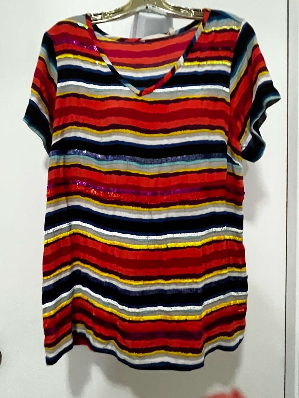 Striped Red Multicolor V-Neck Women's Top, Sequins